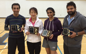 The top players at the Nova Scotia Table Tennis Association marathon event at Cape Breton Highlands Education Centre/Academy on Saturday were, from left: Dipan Shah (1st A-division), Wei Ai (2nd B-division), Sangeetha Seshadri (2nd A-division), and Vinay Kumar Sukamar (1st C-division).
